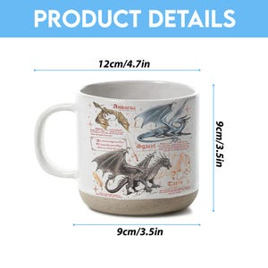 May include: White ceramic mug with a beige base, featuring illustrations of dragons and the names "Andarna", "Sgaerl", and "Cairn". The mug is 4.7 inches wide and 3.5 inches tall. The words "Product Details" are at the top.