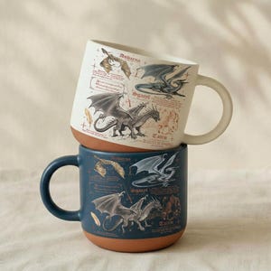 Puede incluir: Dos tazas de cer&aacute;mica apiladas. La taza superior es blanca con base marr&oacute;n y presenta ilustraciones de dragones y texto. La taza inferior es azul oscuro con base marr&oacute;n y tambi&eacute;n presenta ilustraciones de dragones y texto.