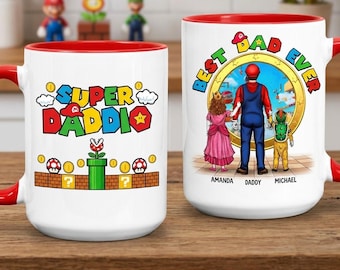 Taza de cerámica personalizada Super Daddio, taza de juegos familiar con nombre personalizado, taza de café personalizada de Mario para papá, taza del Día del Padre de parte de los niños