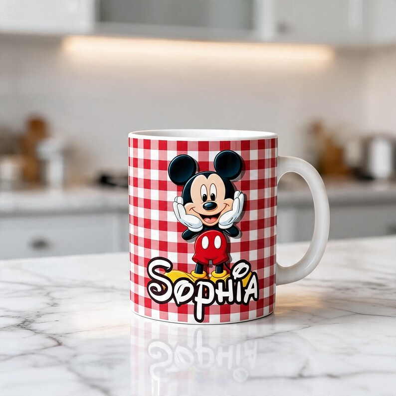 K&ouml;nnte beinhalten: Ein wei&szlig;er Keramikbecher mit einem rot-wei&szlig;en Vichy-Karo-Muster. Auf der Vorderseite befindet sich eine Grafik von Mickey Mouse mit den H&auml;nden an den Wangen, platziert &uuml;ber dem Namen Sophia in einer stilisierten schwarzen Schreibschrift.