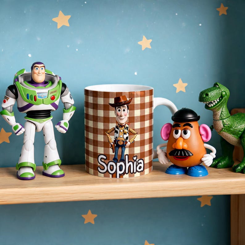 May include: A white ceramic mug featuring a brown and white checkered pattern, an illustration of a cowboy character, and the name Sophia printed in white. The mug is positioned between a space ranger action figure and a potato-shaped toy.