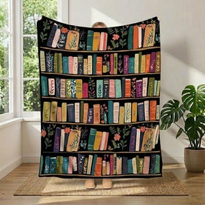 Cottagecore Book Wildlowers Blanket, Vintage Bookshelf Library Throw Blanket, Gift For Book Lover, Floral Bookish Gift For Reader