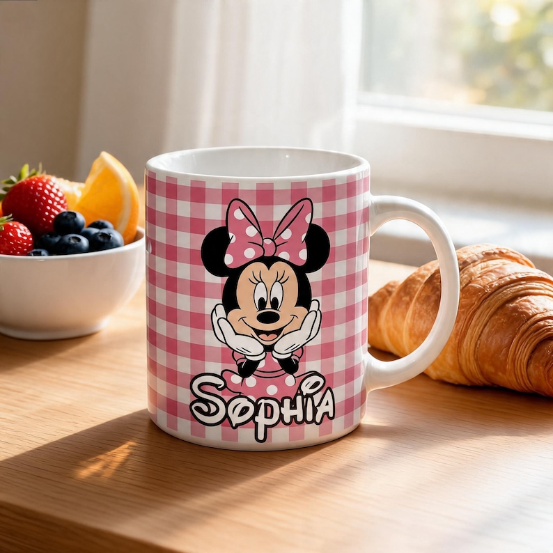 Personalized Minnie Mouse Gingham Mug, Custom Name Pink Bow Mouse Gingham Mug, Custom Disney Vacay Coffee Cup, WDW Trip Gift imagen 6