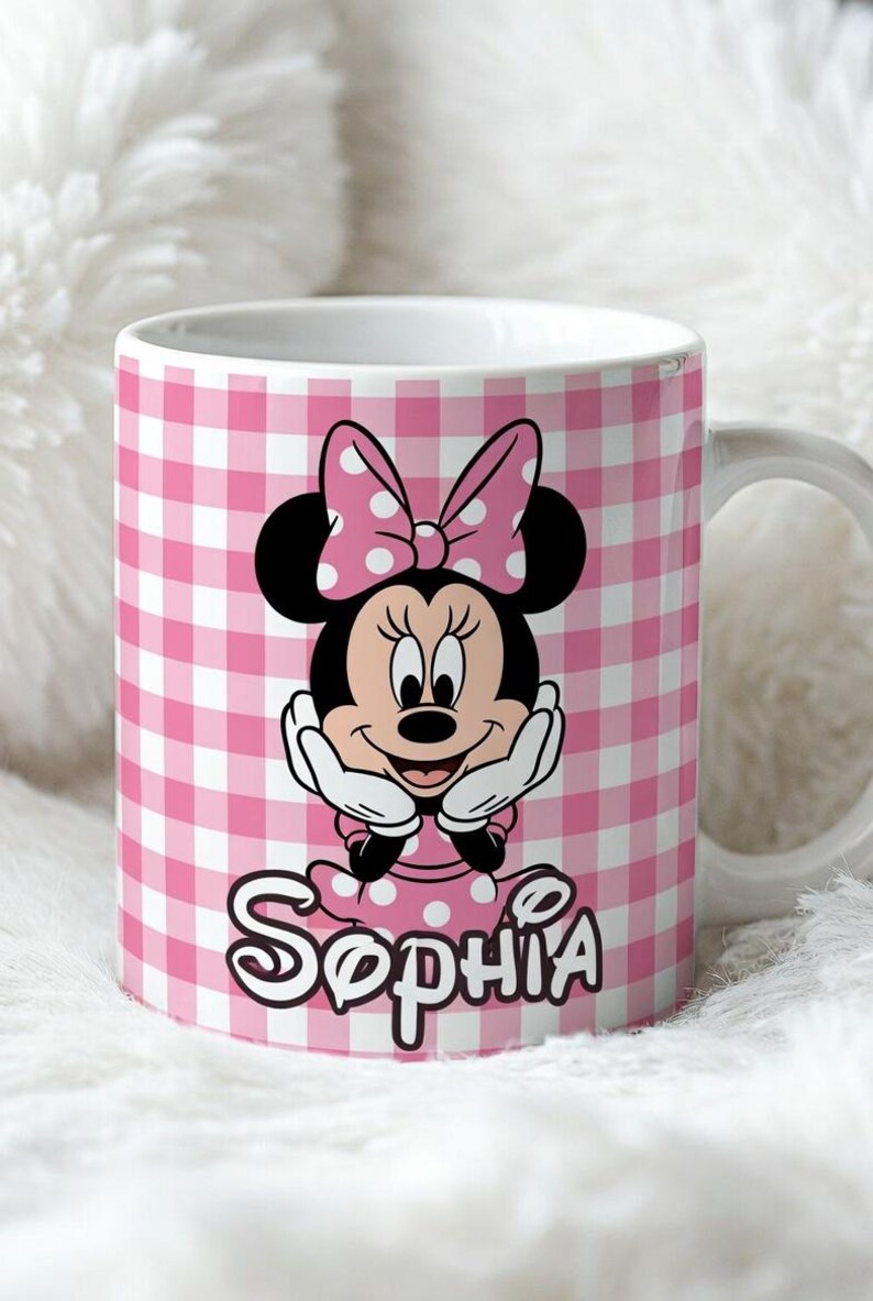 Personalized Minnie Mouse Gingham Mug, Custom Name Pink Bow Mouse Gingham Mug, Custom Disney Vacay Coffee Cup, WDW Trip Gift imagen 3