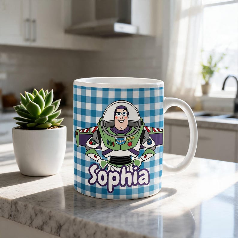 May include: A white ceramic mug featuring a blue and white gingham pattern background. The mug displays a graphic of the character Buzz Lightyear with the name Sophia printed in purple script lettering below the character on the front surface.