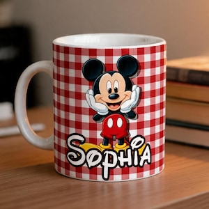 Personalized Mickey Mouse Ceramic Mug, Custom Name Disney Coffee Cup, Red Gingham Mickey Character Mug Bild 1