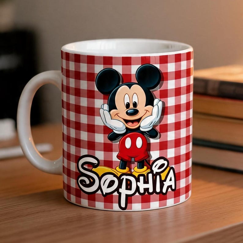 Personalized Mickey Mouse Ceramic Mug, Custom Name Disney Coffee Cup, Red Gingham Mickey Character Mug Bild 1