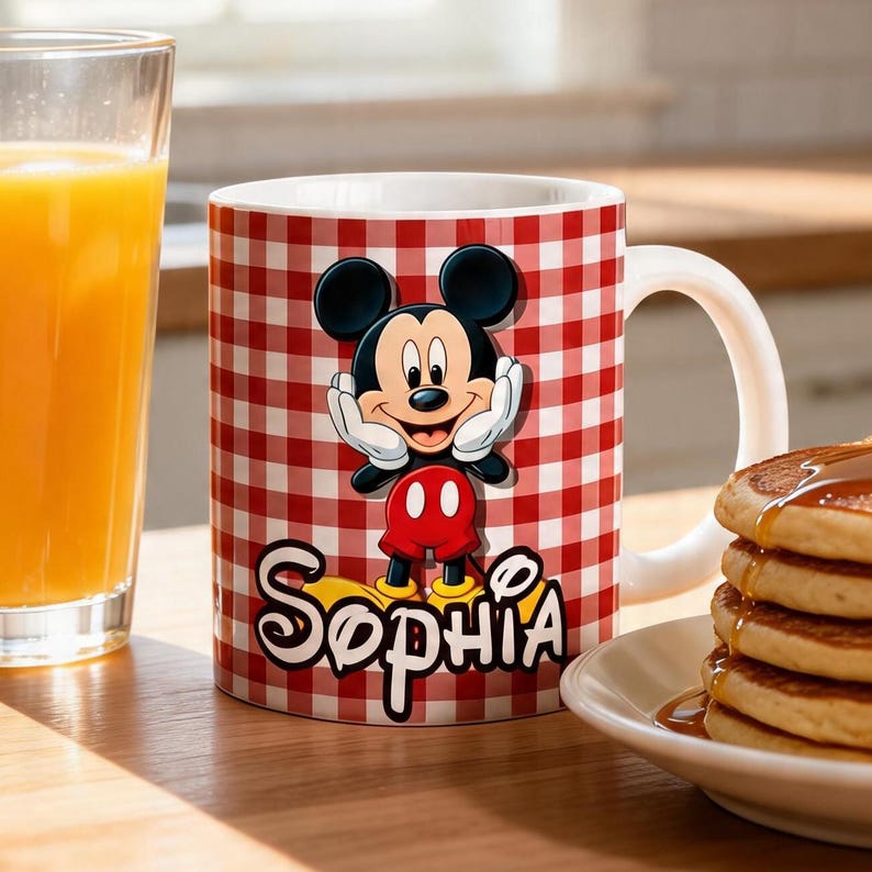 K&ouml;nnte beinhalten: Ein wei&szlig;er Keramikbecher mit rot-wei&szlig;em Vichy-Karo-Muster, einer Grafik von Mickey Mouse mit den H&auml;nden an den Wangen und dem Namen Sophia in einer stilisierten schwarzen Schrift unter der Figur auf der Vorderseite des Bechers.
