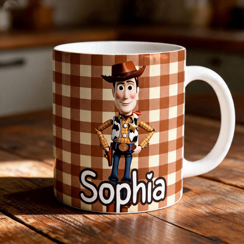 May include: A white ceramic mug featuring a brown and cream checkered pattern. The mug displays a graphic of a cowboy character wearing a brown hat, yellow shirt, and cow-print vest. The name Sophia is printed in large white letters at the bottom.