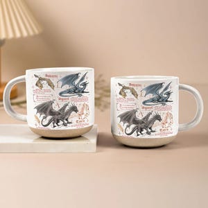 May include: Two ceramic mugs with dragon illustrations. Each mug features three dragon designs in blue and black, with text labels. The mugs have a white upper section and a tan lower section, with a curved handle.