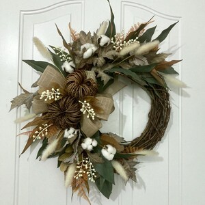 Neutral Fall Wreath, Vine Pumpkins, Cotton Stems, Willow & Maple Leaves, Burlap Bow, Organic Natural Accents, Autumn Door Decor