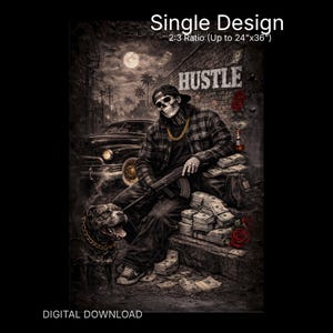 Puede incluir: Impresión artística digital que muestra un esqueleto con una camisa a cuadros, sosteniendo un arma y sentado sobre una pila de dinero. Un perro con collar de cadena está cerca. La palabra "HUSTLE" está encima del esqueleto. Un coche clásico está en el fondo.