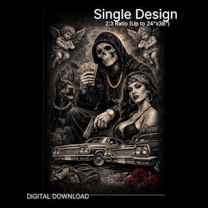 Puede incluir: Impresión artística digital que presenta una figura esquelética sosteniendo dinero y una pistola, con una mujer, un perro y coches clásicos. La imagen incluye querubines y rosas, con el texto "Single Design" y "DIGITAL DOWNLOAD".