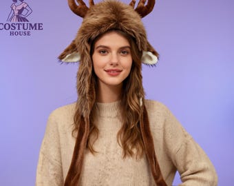Christmas Reindeer Hat for Adults – Furry Antler Winter Hat with Ears & Pom Poms – Cute Holiday Costume Accessory, Cozy Deer Plush Hat Gift