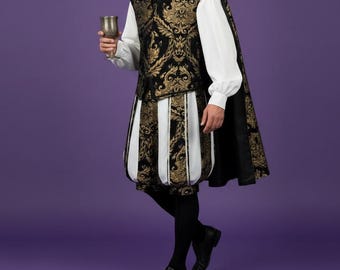 Men's Tudor Costume | Renaissance Brocade Vest & Pumpkin Pants | Half-Shoulder Cloak | Historical Fair Outfit