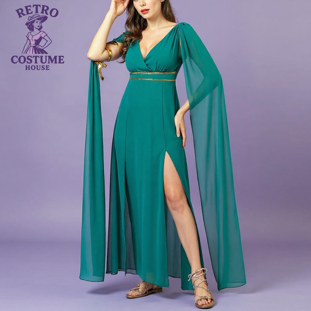 Greek Goddess Costume Dress – Emerald Green Maxi With Gold Details ...