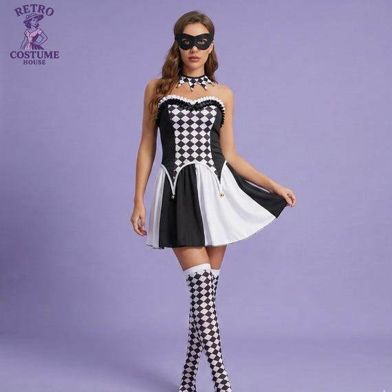 Harlequin Jester Costume for Women, Black and White Masquerade Dress With Diamond Pattern