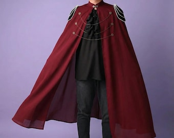 Regal Burgundy Medieval Cape with Silver Chain Details for Cosplay, Renaissance Faire Costume, Gothic Vampire Cloak for Men & Women