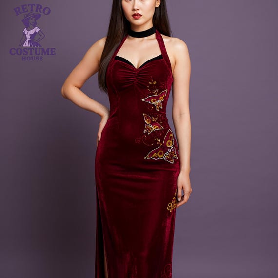 Velvet Burgundy Gothic Halloween Dress Vintage Halter Costume With Embroidered Butterflies, Retro Vampire Witch Evening Gown - Etsy Canada Velvet Burgundy Gothic Halloween Dress Vintage Halter Costume With Embroidered Butterflies, Retro Vampire Witch Evening Gown - Etsy Canada