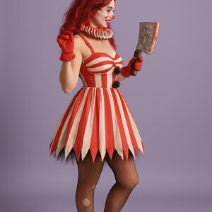 May include: A red and white striped clown costume with a matching hat and gloves. The dress has a flared skirt with a jagged hem. The clown is holding a cleaver. The costume is completed with black boots and fishnet stockings.