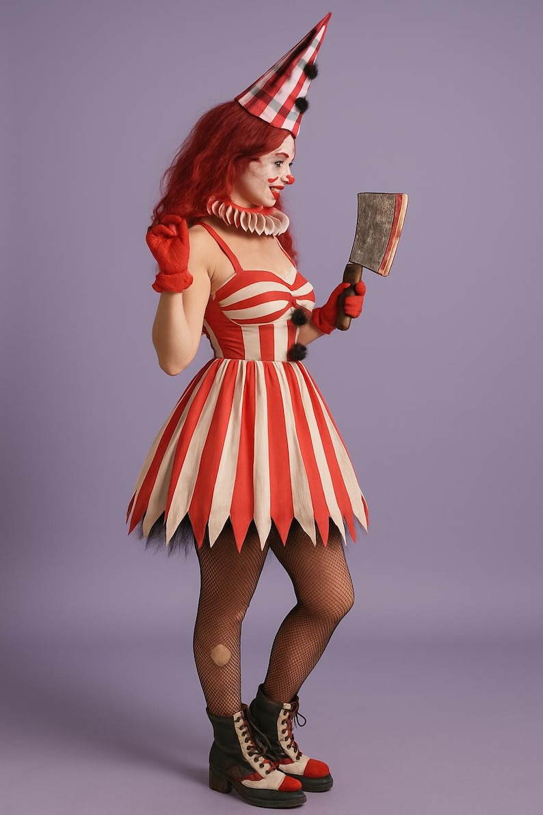 May include: A red and white striped clown costume with a matching hat and gloves. The dress has a flared skirt with a jagged hem. The clown is holding a cleaver. The costume is completed with black boots and fishnet stockings.