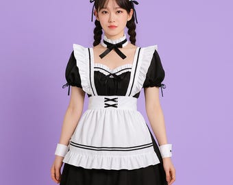 Black White Maid Outfit – Anime Cosplay Dress with Ruffles, Apron & Stockings Puff Sleeve Dress