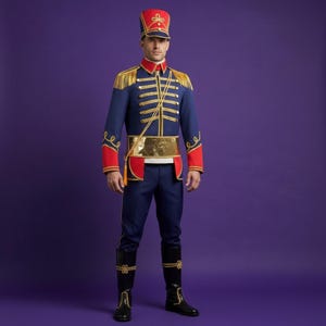 May include: A military-style uniform in navy blue, red, and gold. The outfit includes a high-collared jacket with gold trim, epaulets, and a matching hat. The ensemble is completed with dark blue pants and black boots.