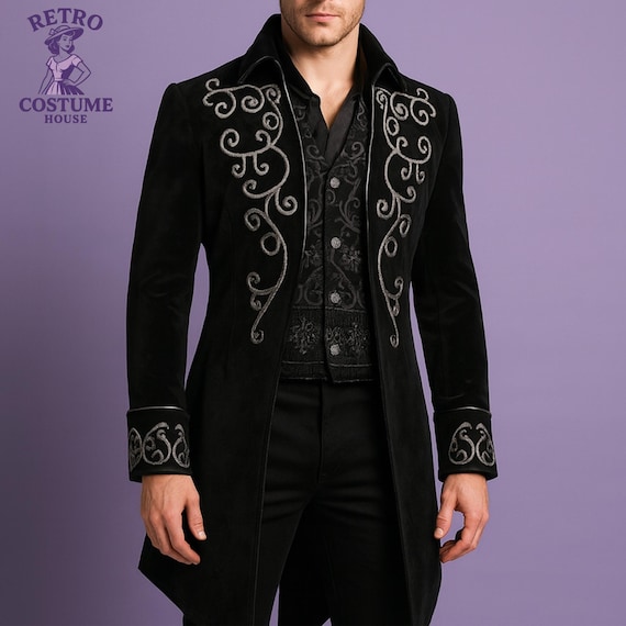 Suit With Dragon Design Gothic Frock Coat Brocade Black Suit With Mao Collar And Rhinestones main image 4