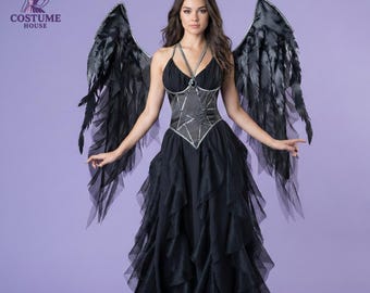 Black Fallen Angel Costume – Gothic Dress, Feather Wings & Halo for Halloween, Cosplay Stagewear