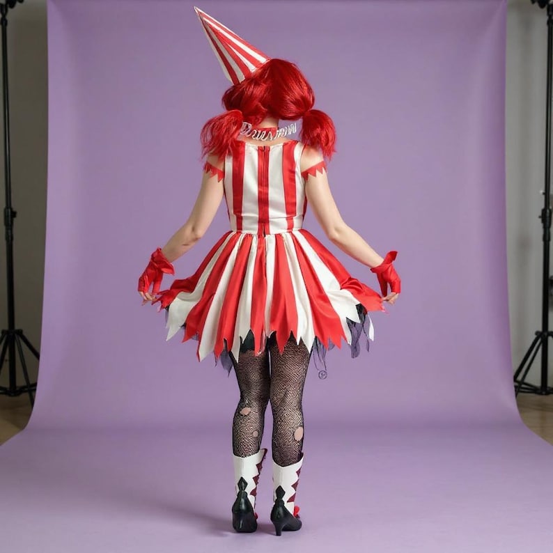 May include: A red and white striped circus-themed costume. The outfit includes a matching hat, dress, and gloves. The dress has a flared skirt with jagged edges. The model is wearing black fishnet stockings and white boots with black heels.