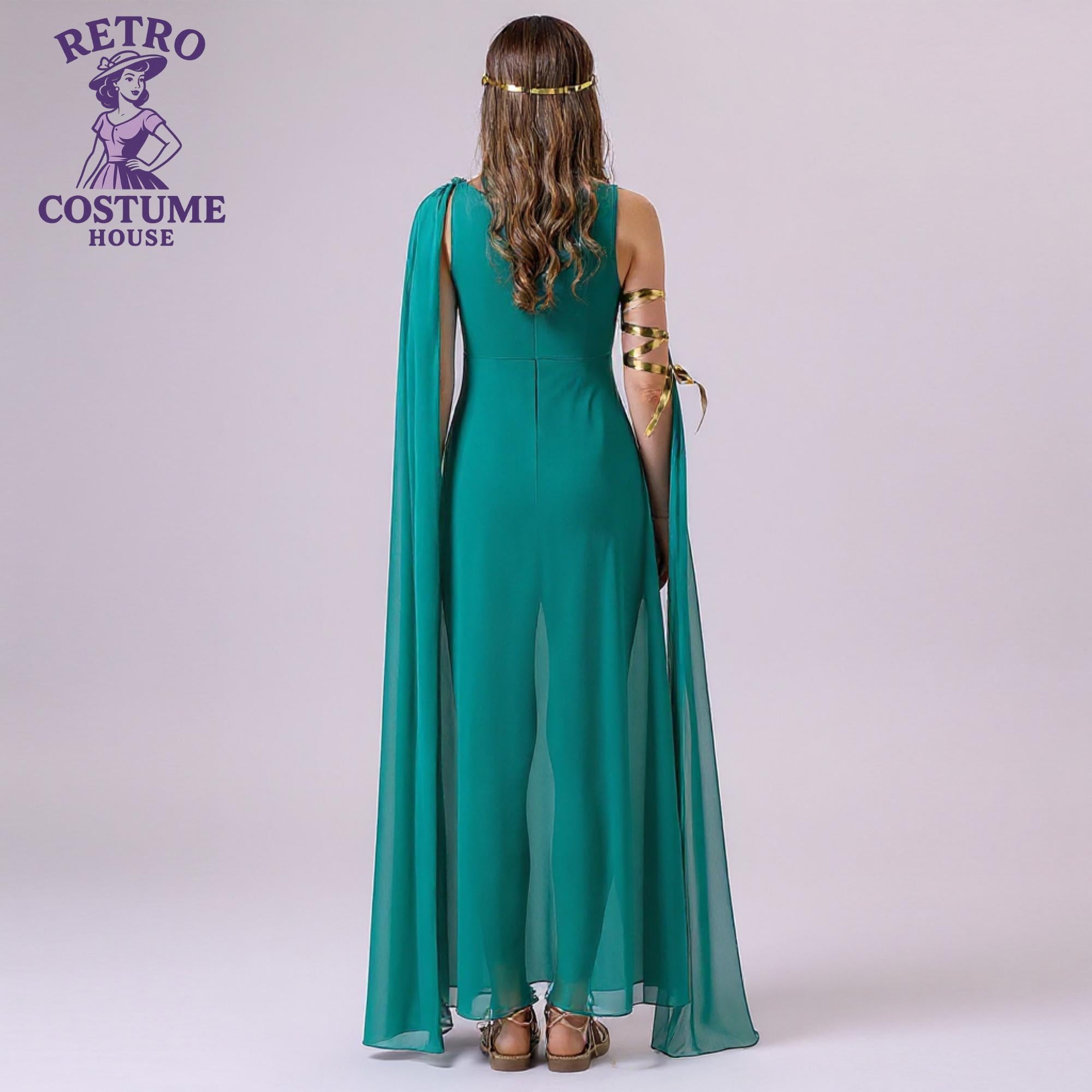 Greek Goddess Costume Dress - Emerald Green Maxi with Gold Details Flowing Sleeves - Retro Roman Mythology Outfit