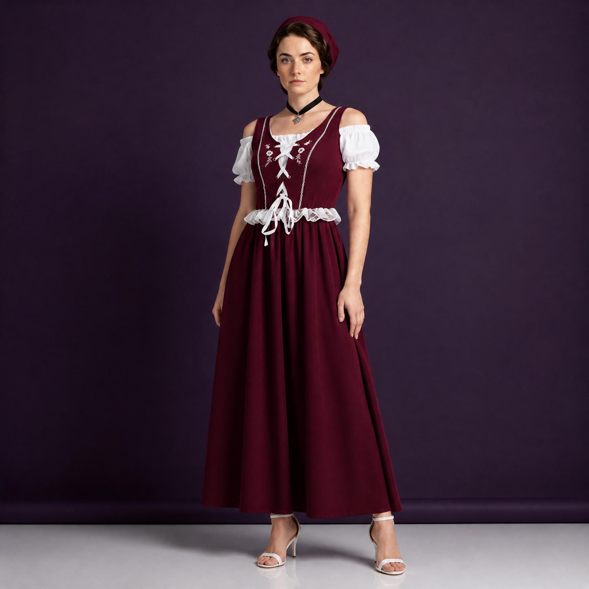 Burgundy Renaissance Dress for Women | Medieval Peasant Gown, Dirndl Style Maiden Costume for Renaissance Faire