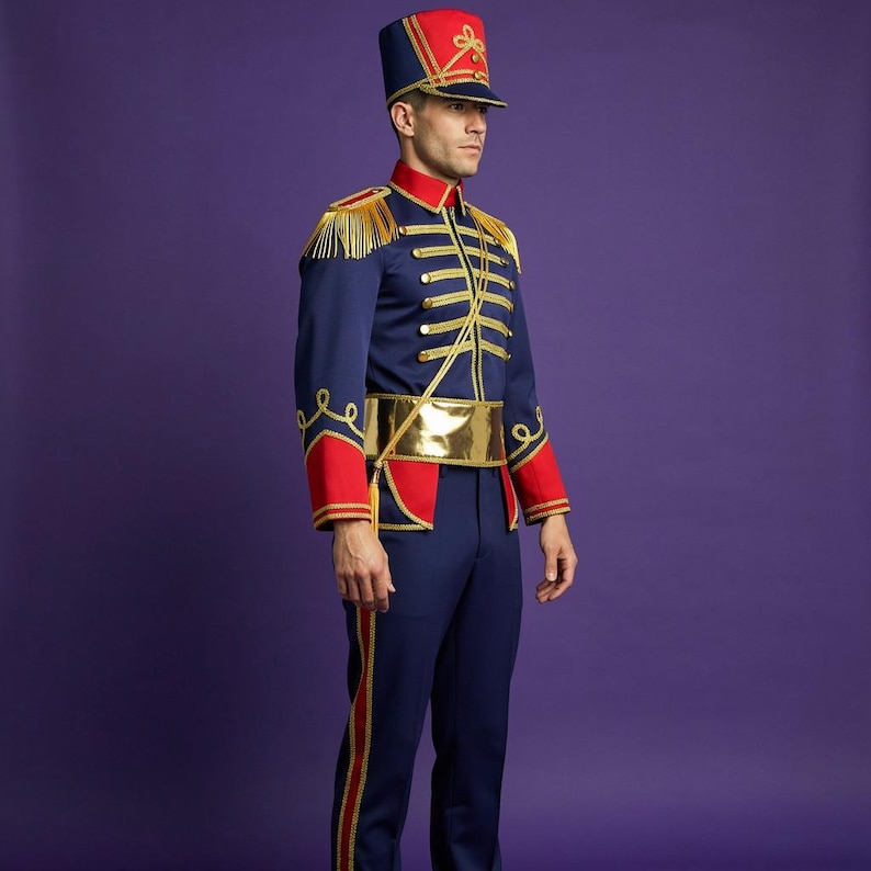 Professional Drum Major Costume | Men's Nutcracker Soldier Jacket | Gold Fringe Military Parade Uniform | Jacket + Hat image 1