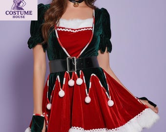 Festive Christmas Elf Costume Dress for Women Red Green Velvet Santa Outfit with Hat Belt
