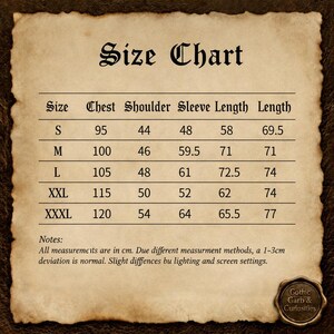 May include: A size chart on aged parchment paper with the title "Size Chart" in ornate lettering. The chart lists sizes S to XXXL with chest, shoulder, sleeve, and length measurements in centimeters. A logo for "Gothic Garb & Curiosities" is in the bottom right.