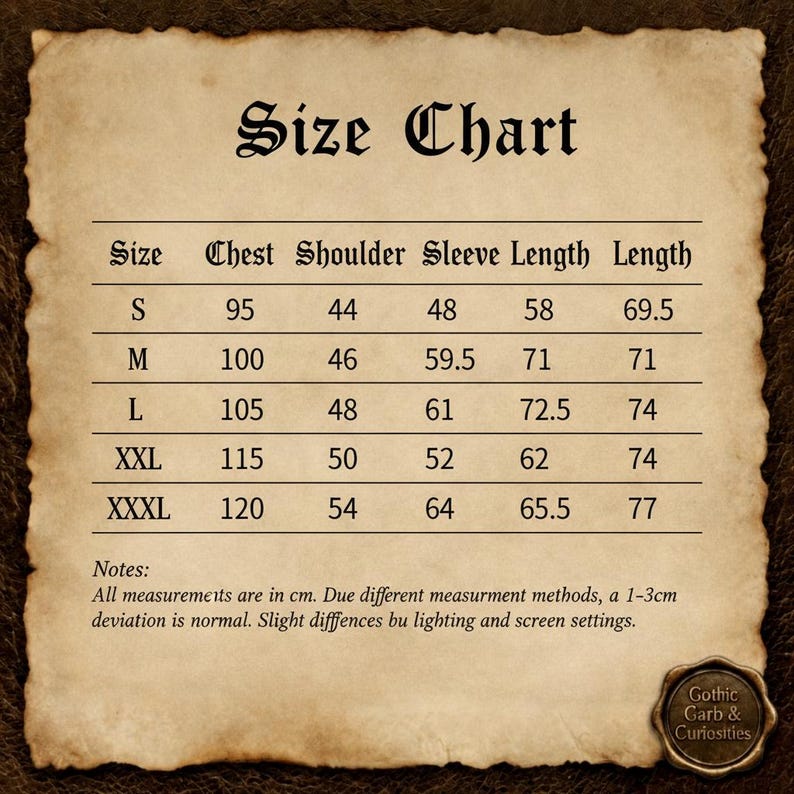 May include: A size chart on aged parchment paper with the title "Size Chart" in ornate lettering. The chart lists sizes S to XXXL with chest, shoulder, sleeve, and length measurements in centimeters. A logo for "Gothic Garb & Curiosities" is in the bottom right.
