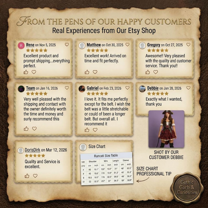 May include: A vintage-style advertisement featuring customer reviews from an Etsy shop. The image includes customer testimonials, a size chart, and a photo of a customer wearing a product. The shop's logo is visible.