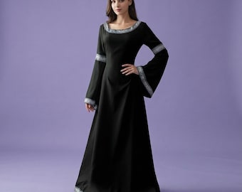 Middeleeuwse zwarte maxi-jurk voor vrouwen met zilveren rand, renaissancekostuumjurk, heksenjurk met lange klokmouwen, gotische feeënfestivaloutfit