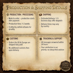 May include: A parchment-style graphic with the text "PRODUCTION & SHIPPING DETAILS." The graphic is divided into four sections: Production/Processing, Shipping, Customs, and Tracking & Support. The Gothic Garb & Curiosities logo is in the bottom right corner.