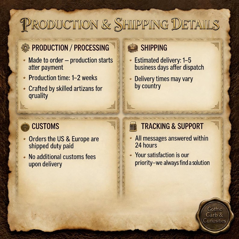 May include: A parchment-style graphic with the text "PRODUCTION & SHIPPING DETAILS." The graphic is divided into four sections: Production/Processing, Shipping, Customs, and Tracking & Support. The Gothic Garb & Curiosities logo is in the bottom right corner.