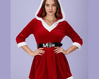 Red Velvet Christmas Dress with Hood and Belt, Cute Santa Outfit for Women, Holiday Party Costume, Festive Winter Dress for Xmas Events