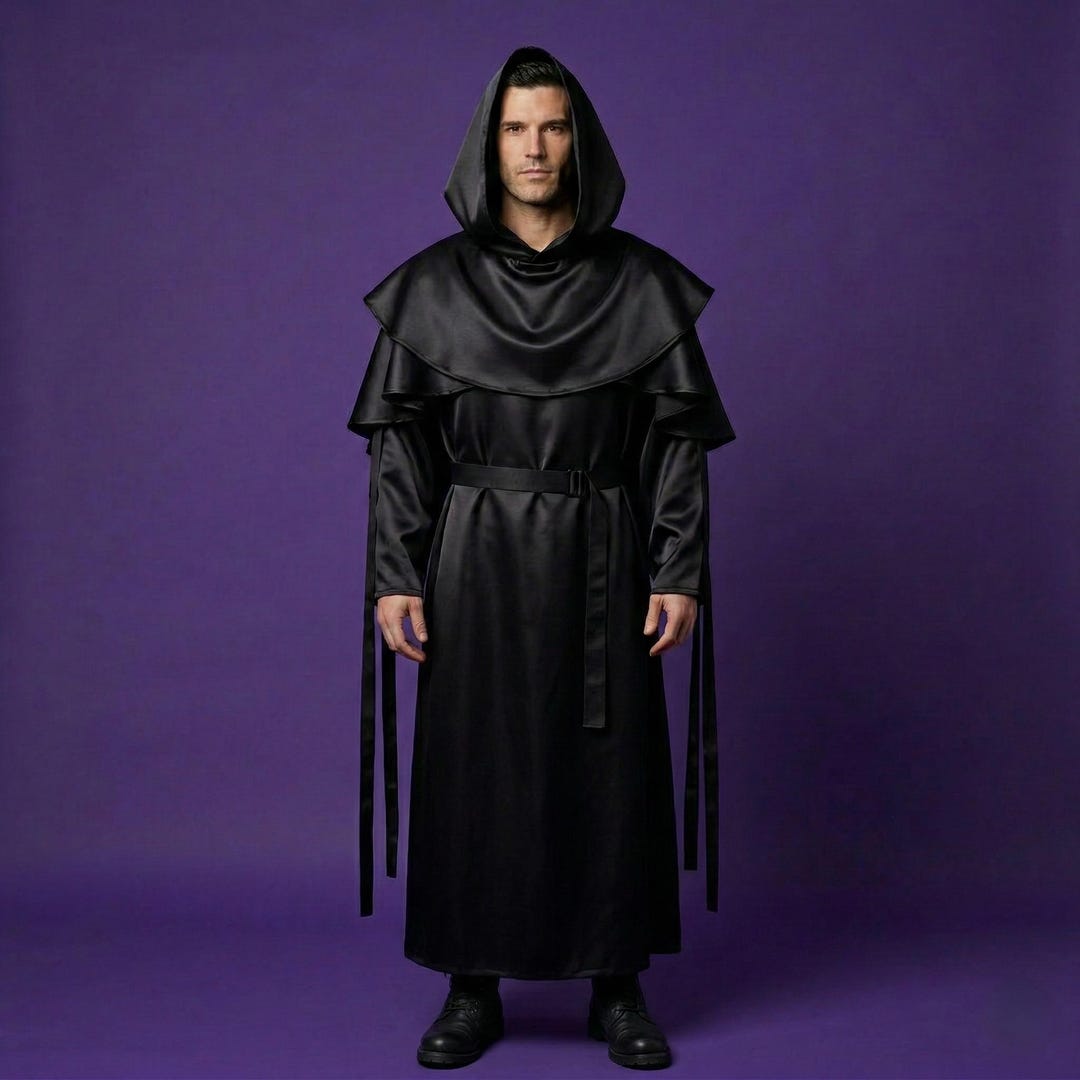 Black Satin Gothic Monk Robe With Hood | Medieval Fantasy Cosplay ...
