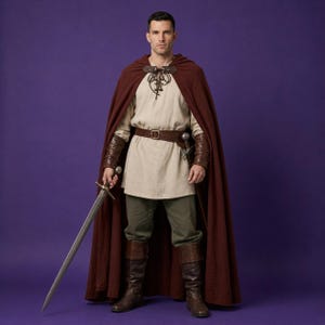 May include: A medieval costume featuring a burgundy cape, a cream-colored tunic, and olive-green pants. The outfit includes a brown leather belt, matching boots, and arm guards. A silver sword is held in one hand, and a dagger is attached to the belt.