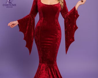 Halloween Vampire Costume Gothic Red Velvet Mermaid Dress | Batwing Sleeve Halloween Costume | Retro Vampire Witch Evening Gown