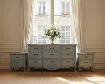 Hand-Painted Blue French Provincial Bedroom Set: Vintage Inspired Pulaski Dresser and Nightstands