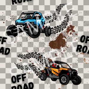 May include: An illustration featuring two off-road vehicles, one blue and one orange, with black tires and tire tracks. The background is a checkered pattern with brown splatters and the words "OFF ROAD" in white.
