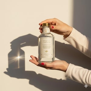 Puede incluir: Una botella de vidrio transparente con tapa dorada y etiqueta blanca se sostiene con dos manos. La etiqueta presenta texto y un diseño floral. La botella está llena de un líquido transparente. Las manos tienen esmalte de uñas rojo. La botella está etiquetada "EXTENSI" y "BALMENDRO FRAGRANCE".