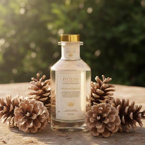 May include: A clear glass bottle with a gold cap and label, surrounded by pine cones. The label reads "EXTEINI" and "ILLUMINATE YOUR SENSE". The bottle contains a clear liquid, and the background is blurred green.