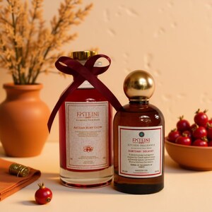 Könnte beinhalten: Zwei Glasflaschen mit goldenen Verschlüssen und Etiketten. Eine ist mit "AEGEAN RUBY GLOW" und die andere mit "KITCHEN FRAGRANCE KARYDAKI DELIGHT" beschriftet. Ein weinrotes Band verziert eine Flasche. Eine kleine Schale mit roten Granatäpfeln ist ebenfalls vorhanden.