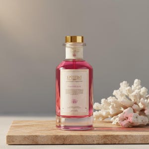May include: A clear glass perfume bottle filled with a pink liquid, topped with a gold cap. The label reads "FXTEINI" and "FLAPONDI BLISS". The bottle sits on a light brown surface, with white coral in the background.